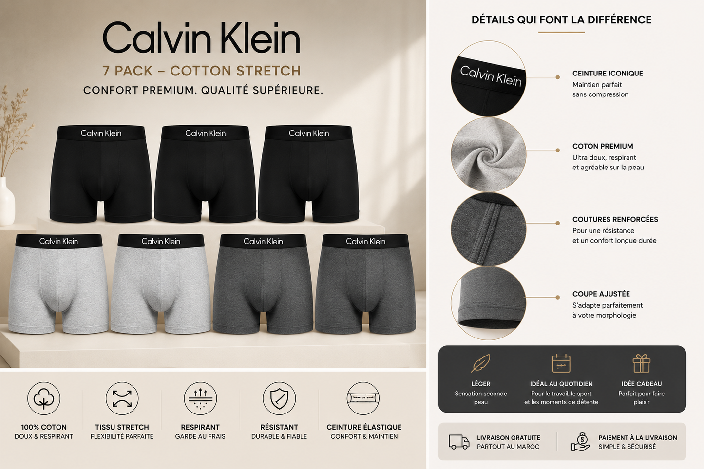 Pack Prestige Calvin Klein – 7 Boxers Homme Premium 100% Coton Stretch | Confort & Élégance Quotidienne