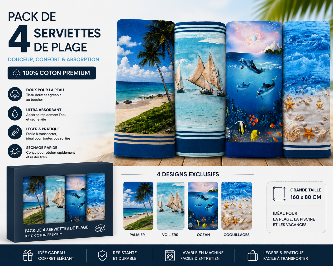 Pack de 4 Serviettes de Plage 100% Coton Premium – Douces, Grandes & Ultra Absorbant