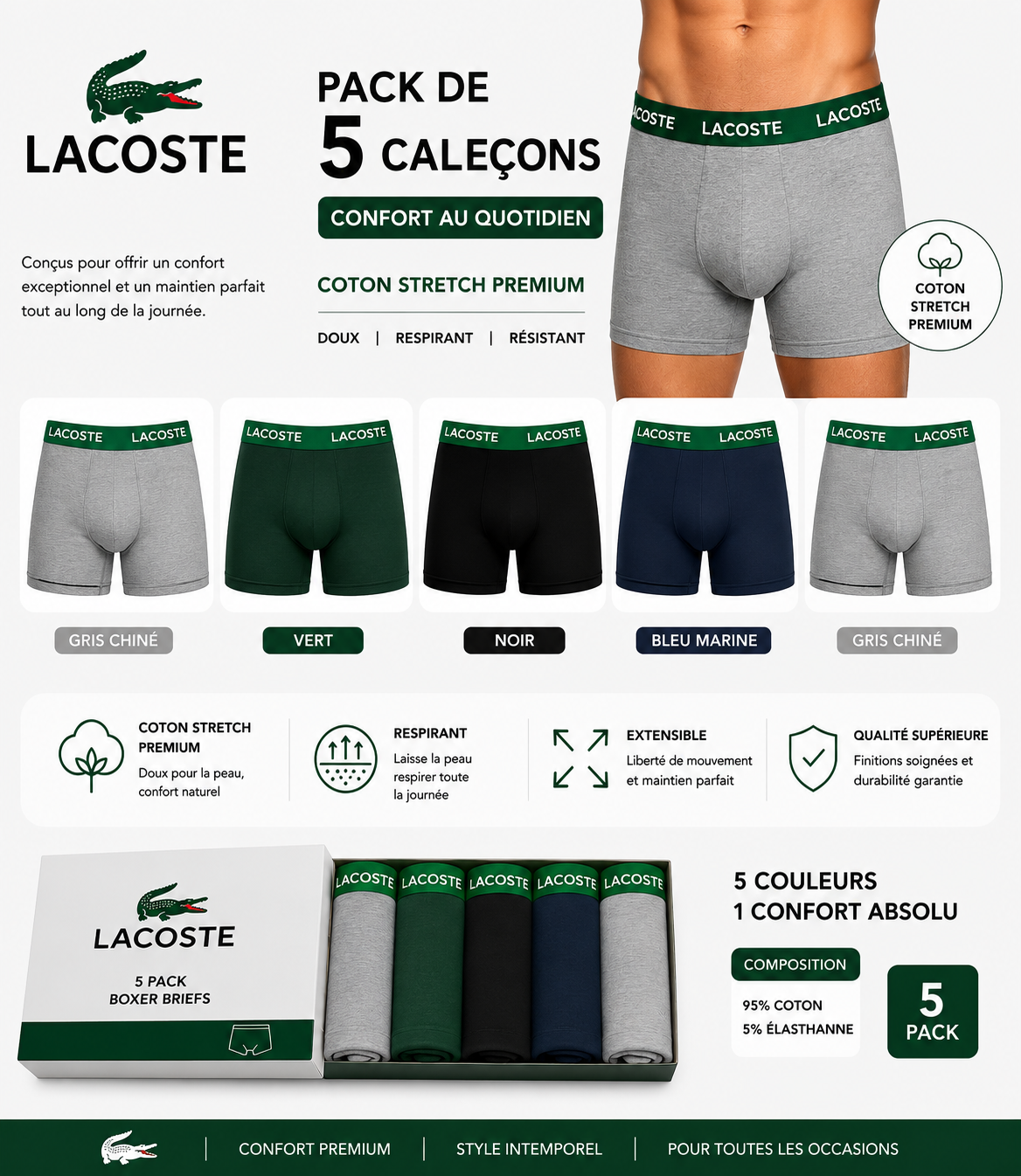 Pack 5 Boxers Homme Premium – Coton Stretch & Confort Quotidien